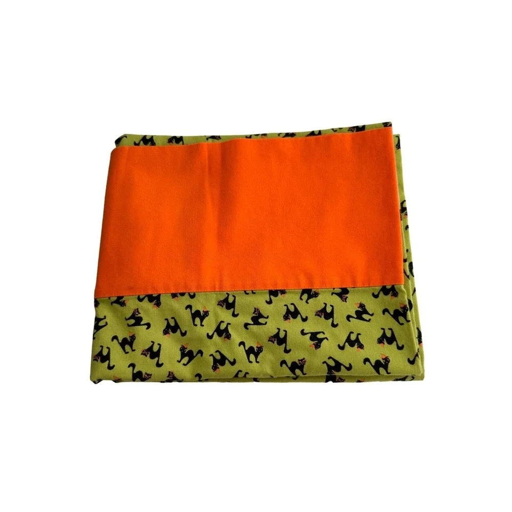 Handmade Halloween Themed Pillowcase Black Cat‎ Pattern Orange Trim 30x18 Case